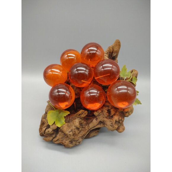 Vintage 11" Long MCM Large Orange Lucite Grape Cluster Burlwood Mid Century Mod - Picture 1 of 17